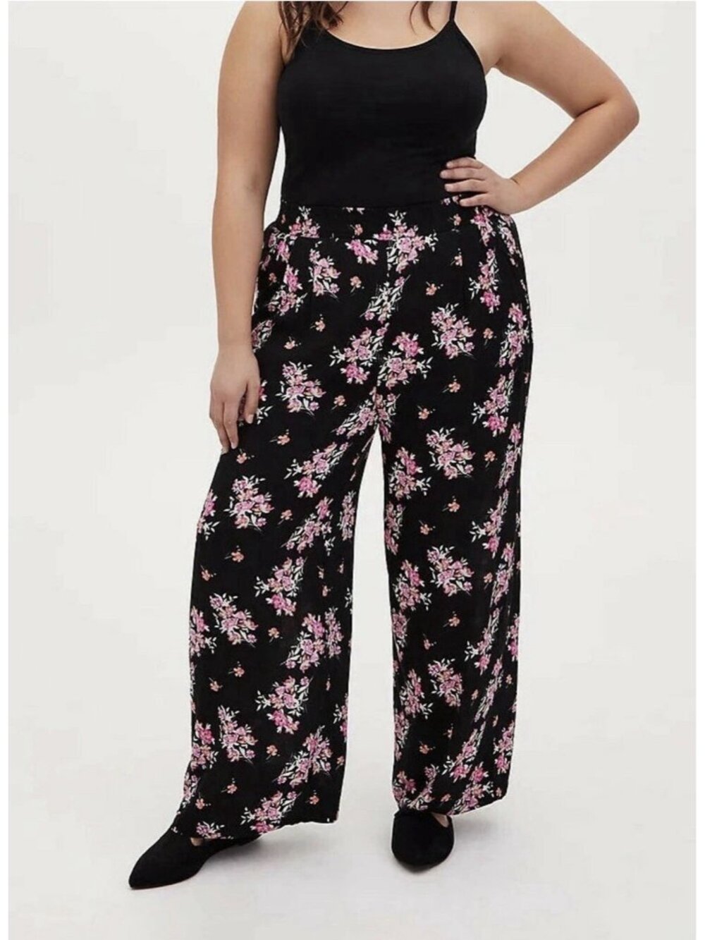 Torrid Floral Crinkle Gauze Wide Leg Pant Black Pink Plus Size 1 - 1X New